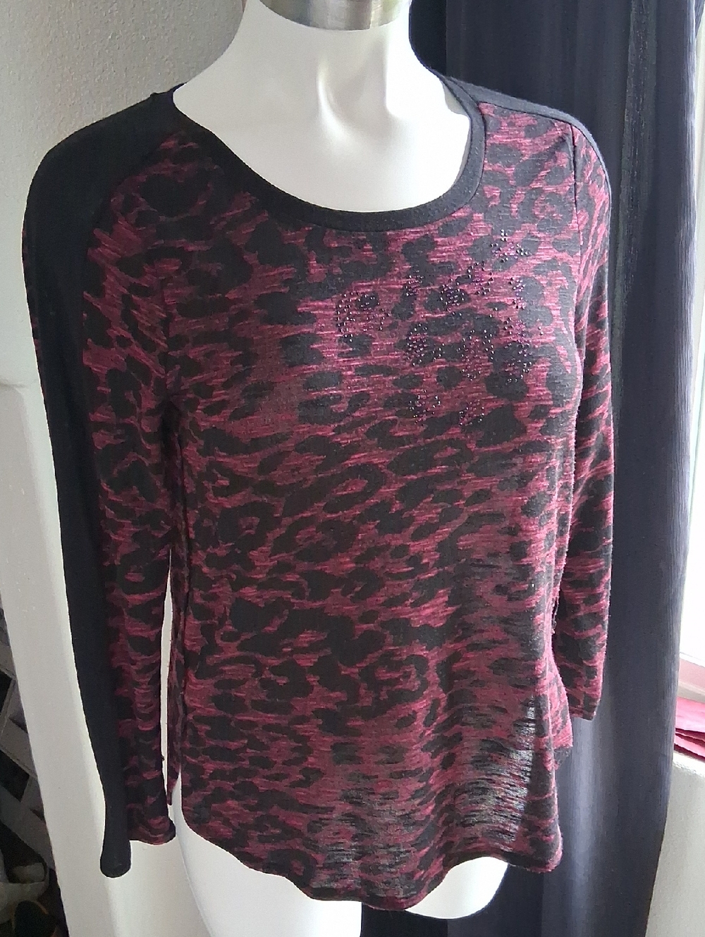 Christopher & Banks Maroon and Black Leopard Print Long Sleeve Top